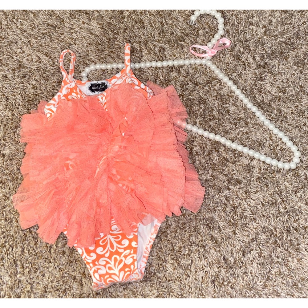 MUD-PIE Coral Damask 🧡 Tulle 1 Pc Swimsuit 🩱